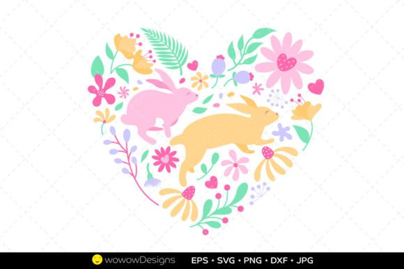 Flowers and Rabbit in Heart Shape Graphics for Editorial and Web Design