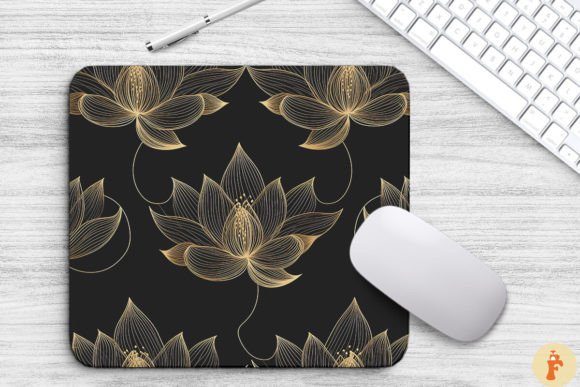 Lotus Floral Golden Line Art Mouse Pad Graphics
