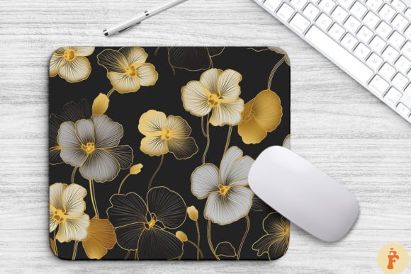 Pansy Floral Golden Line Art Mouse Pad Graphics