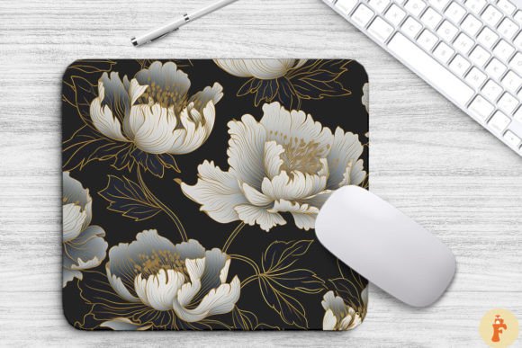 Peony Floral Golden Line Art Mouse Pad Graphics