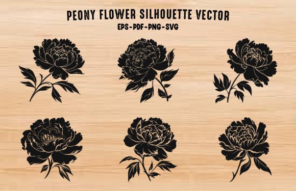 Peony Flower Black Silhouettes Set for Crafting