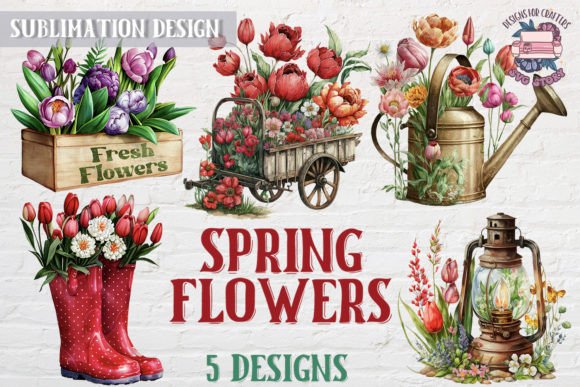 Spring Flowers Bundle of 5 Red Designs Graphics for Digital Sellers