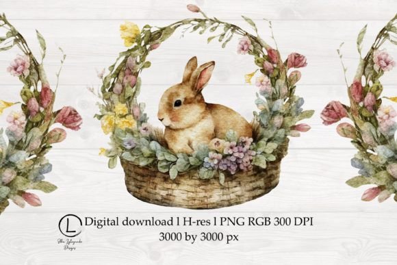 Watercolor Easter Rabbit and Flowers Graphics