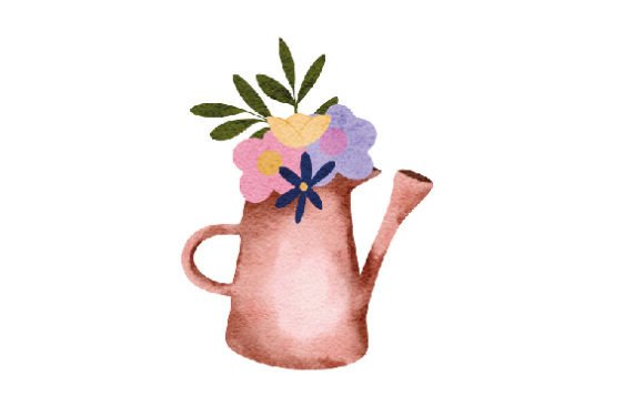 Watering Can with Flowers, Watercolor for Spring Crafts
